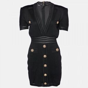 Balmain Black Knit Mini Dress with Gold Buttons